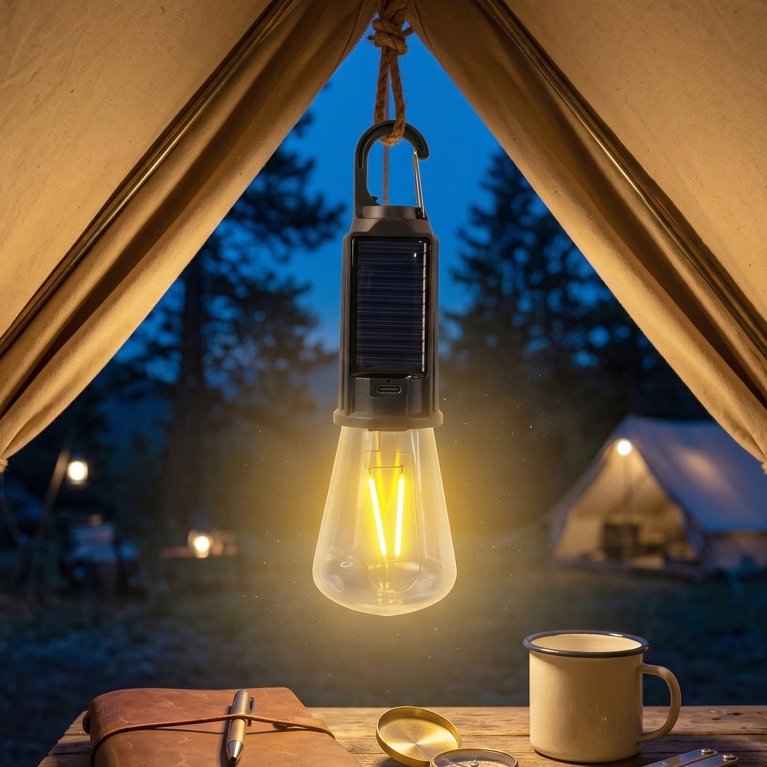 Wukusy solar rechargeable camping lamp with warm LED light, hook, and portable design for outdoor camping and emergency use.