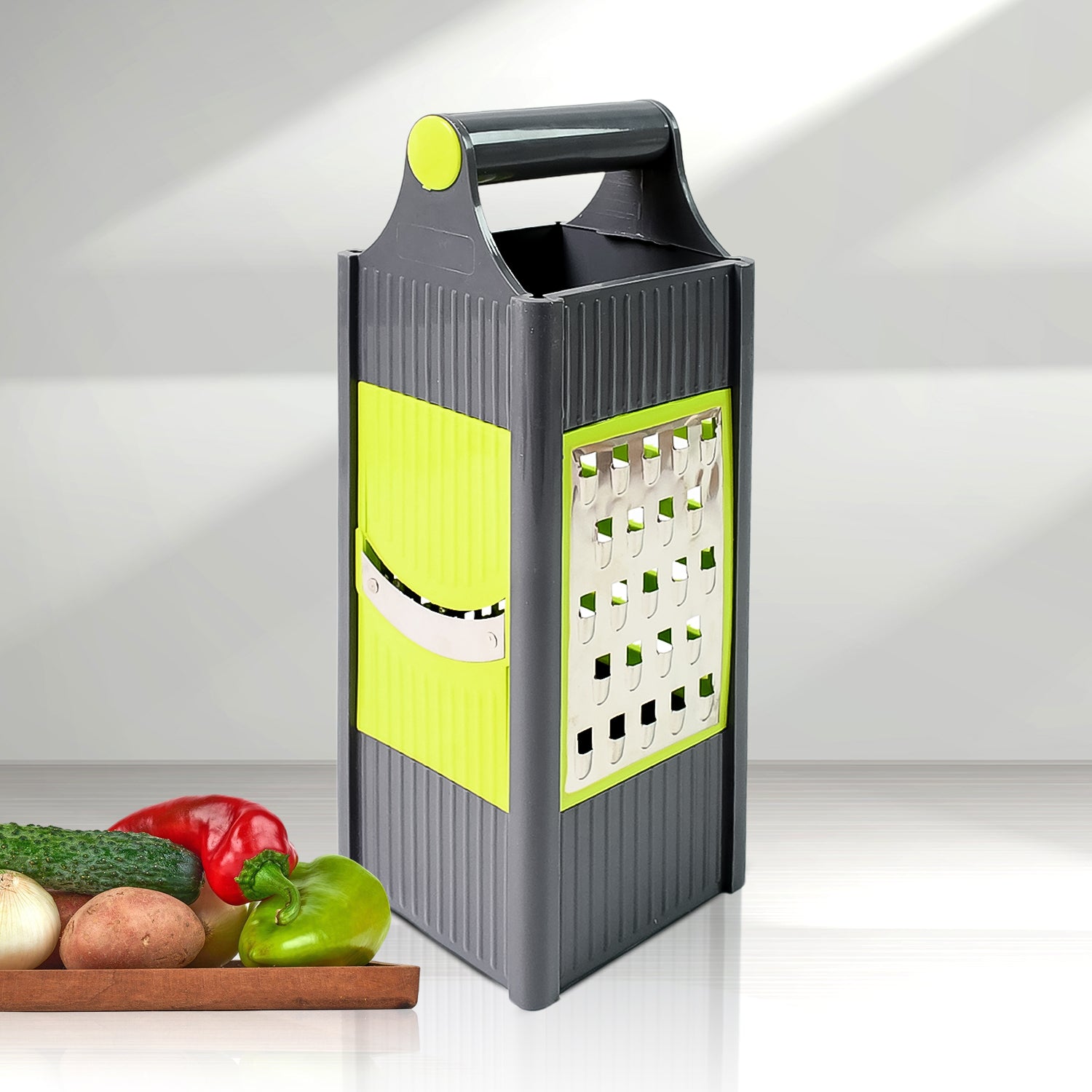 Wukusy 4-in-1 vegetable and fruit slicer and grater with steel and plastic construction, versatile kitchen tool for food prep.