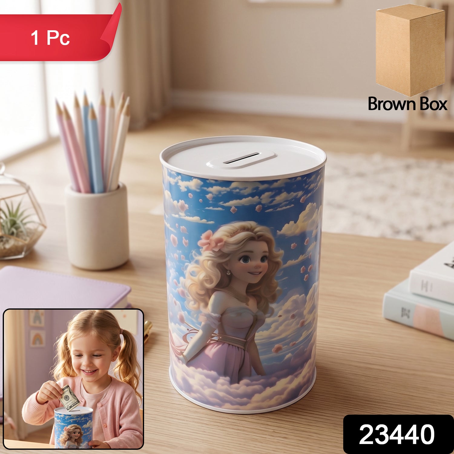Cute princess cartoon printed metal coin saving box by Wukusy, designed for kids to store money, featuring a charming princess illustration.