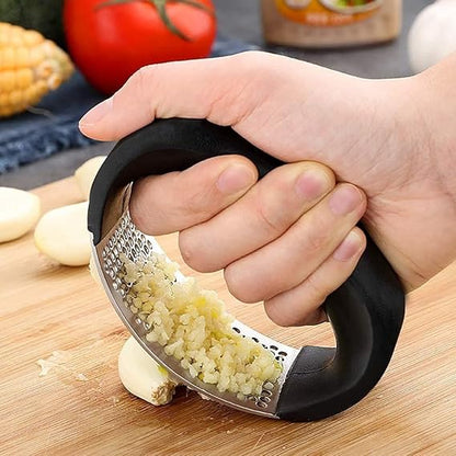 Stainless steel garlic press crusher by Drpshippr, designed for easy garlic mincing in home and kitchen cooking.