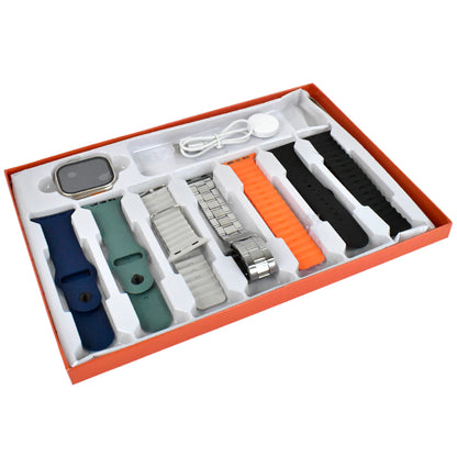 Wukusy 7-in-1 smart watch combo with seven colorful straps and transparent screen guard, showing multiple watch styles on display.