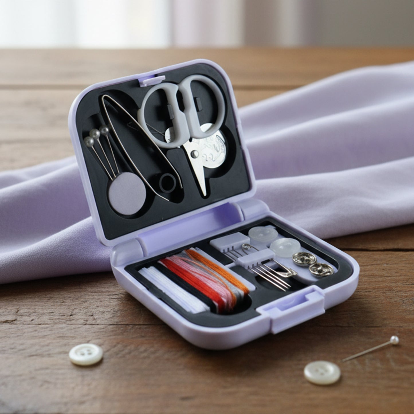 Compact portable sewing kit by Wukusy with threads, needles, buttons, and scissors in a compact case for on-the-go repairs.