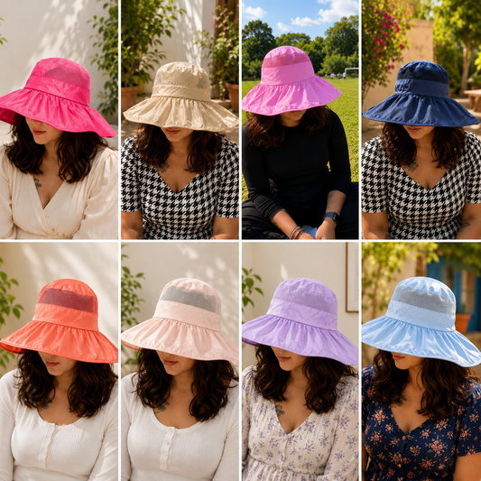 Wukusy women's wide brim sun protection hat with open top and mesh design in random color, outdoor summer accessory.