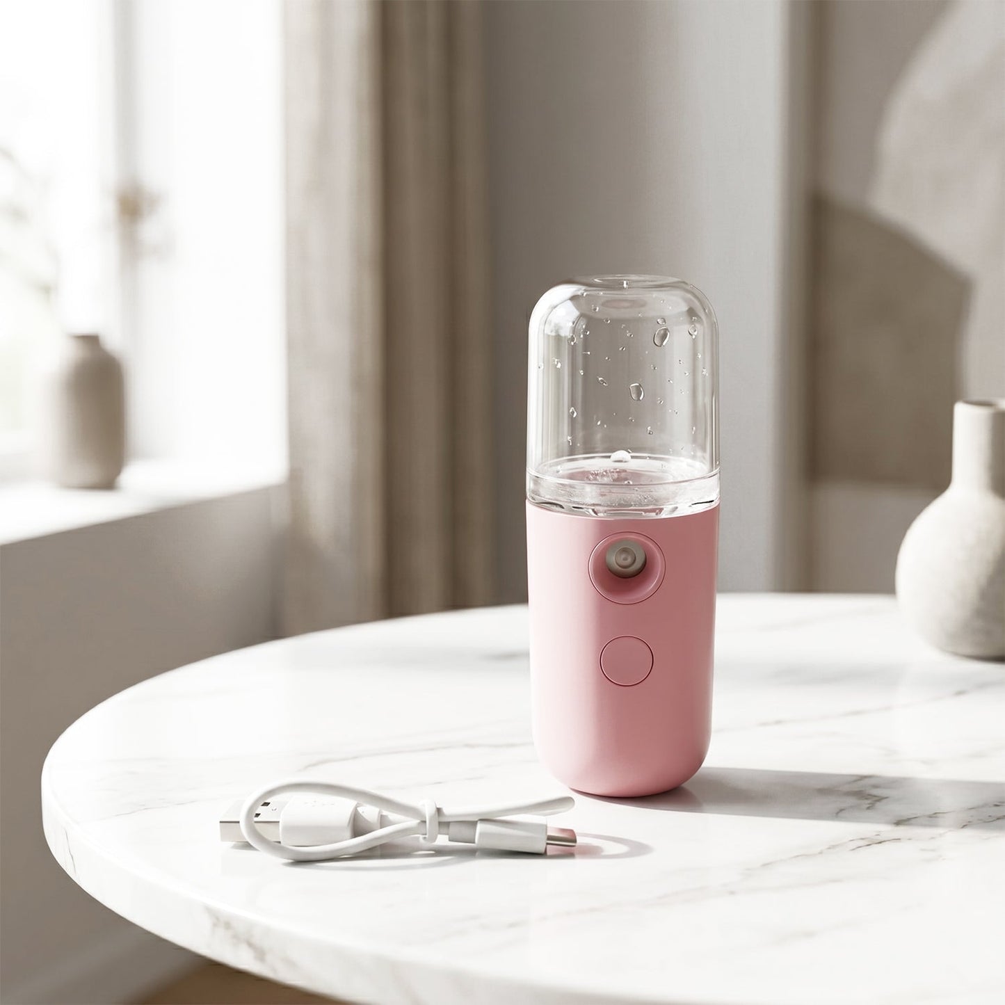 Wukusy mini nano mist sprayer and portable face steamer with USB rechargeable design, showing the compact device and mist output.