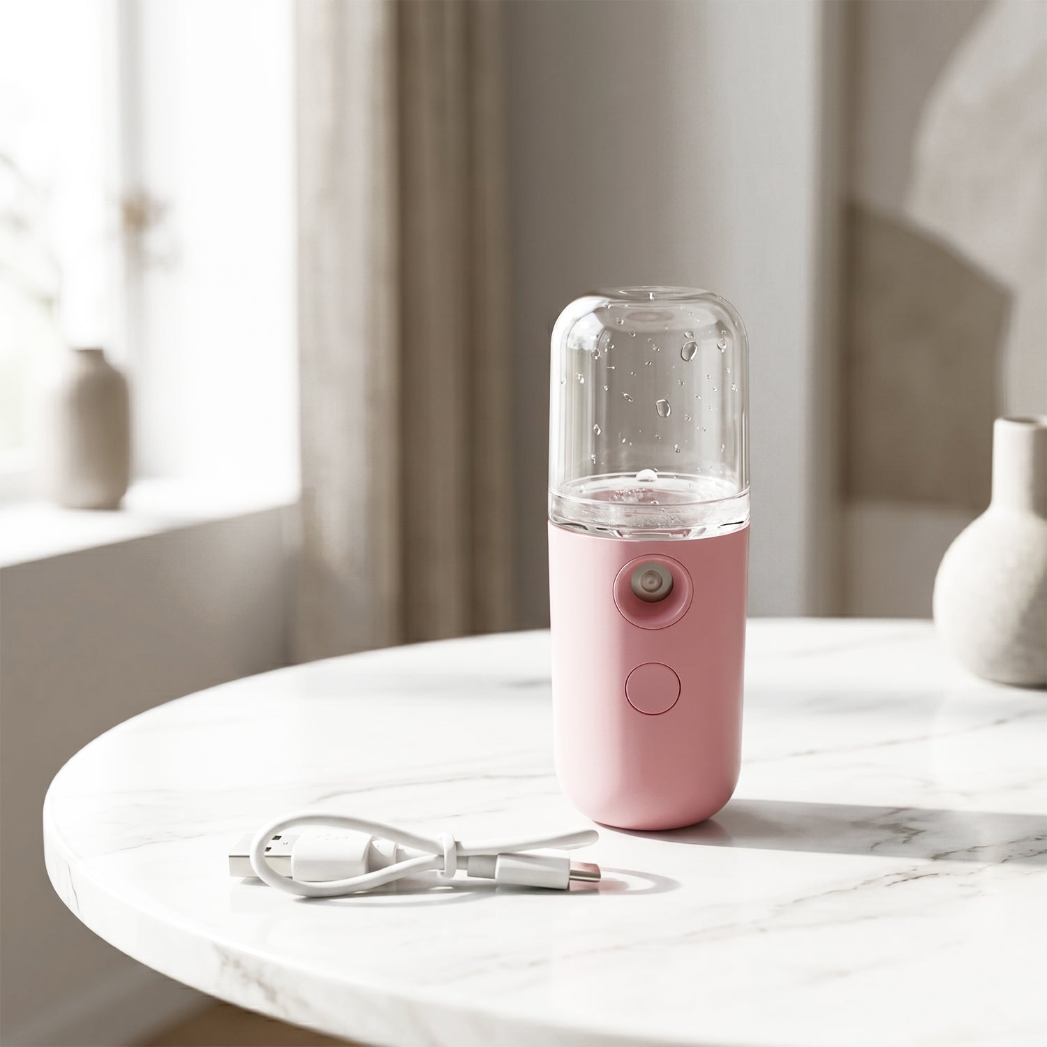 Wukusy mini nano mist sprayer and portable face steamer with USB rechargeable design, showing the compact device and mist output.