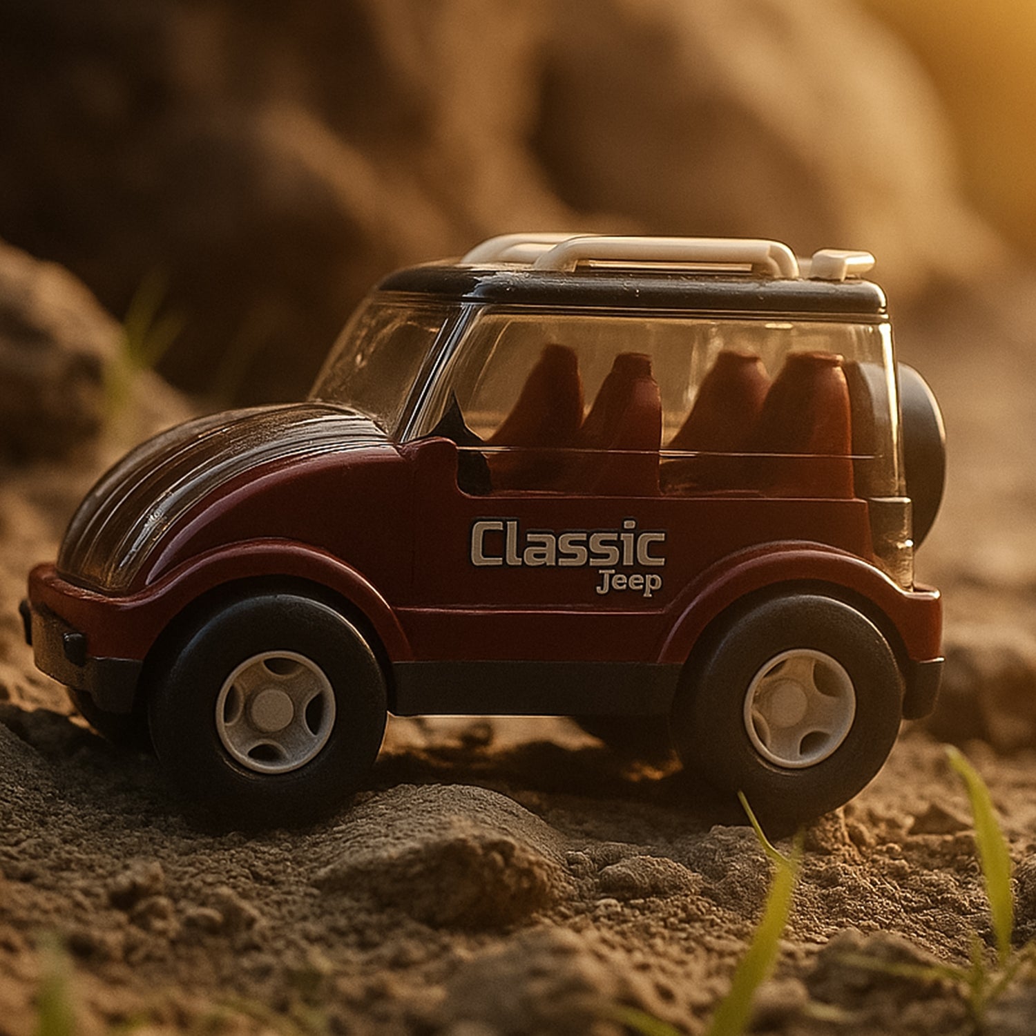 Wukusy friction-powered classic Jeep toy car for kids, blue plastic vehicle with open cabin and rugged tires, suitable for young children
