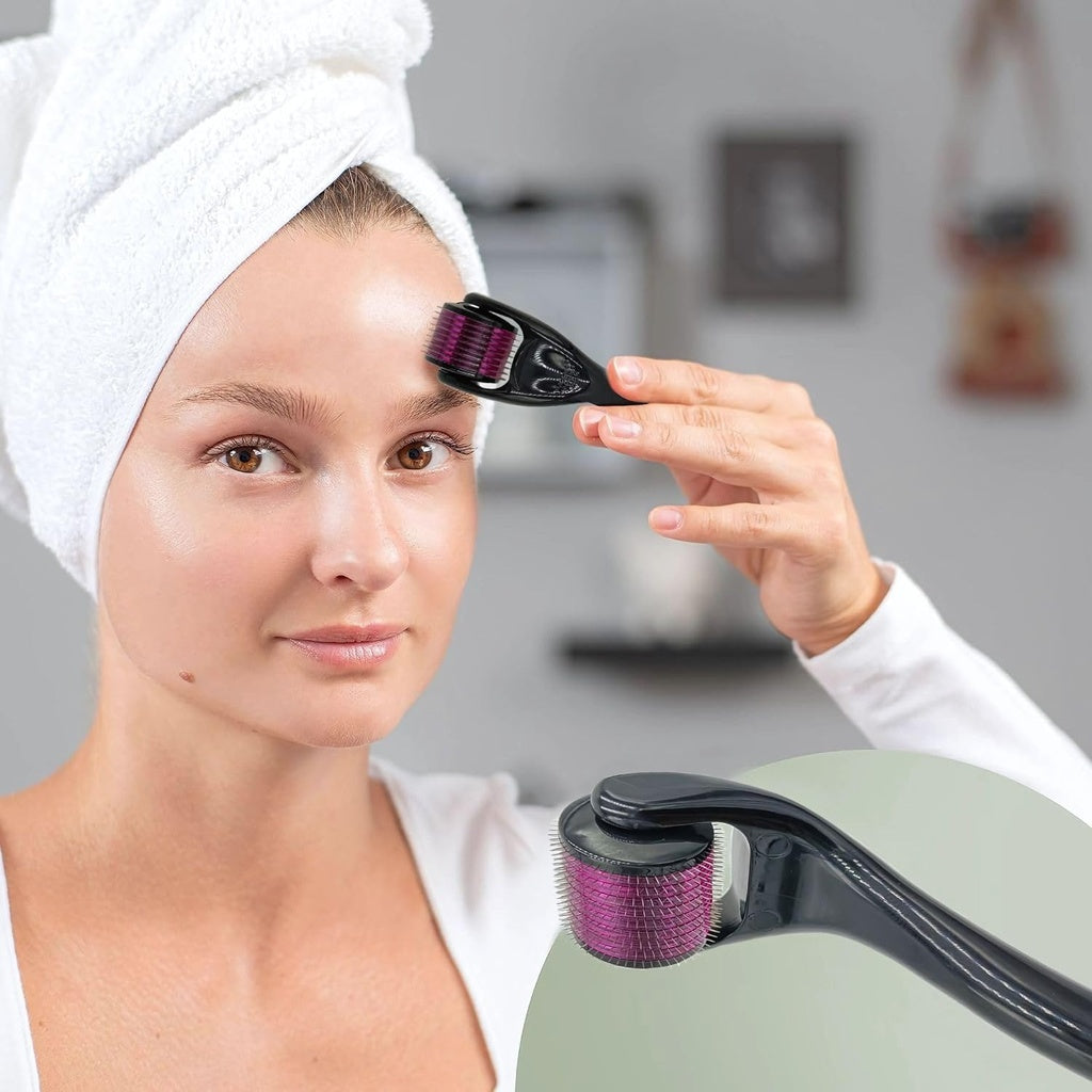 Wukusy 540 Micro Needle Derma Roller for skin care routine, with fine stainless steel needles for facial rejuvenation.