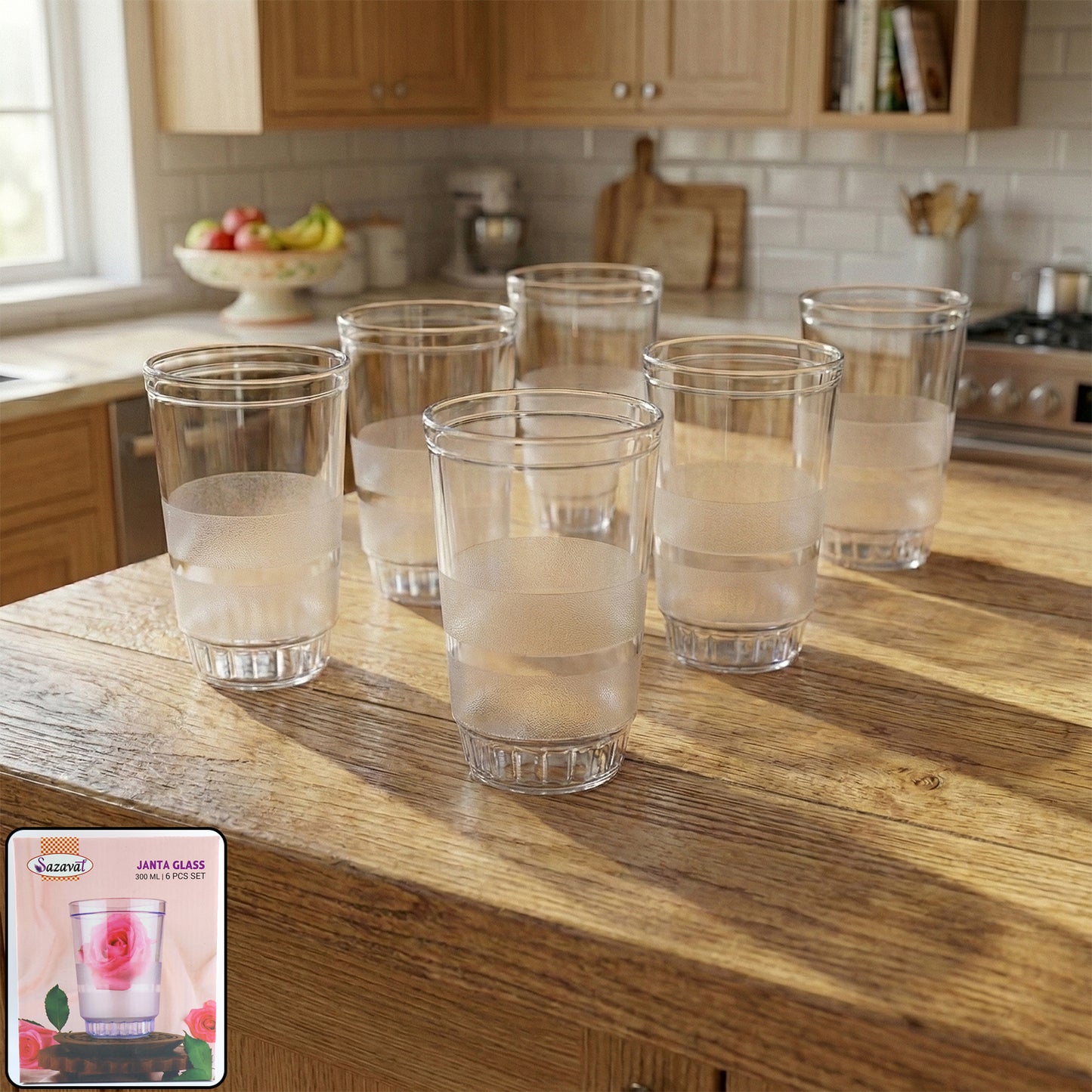 Set of six transparent Wukusy Janta drinking glasses, 300ml capacity, showcasing clear glass design on a plain background.