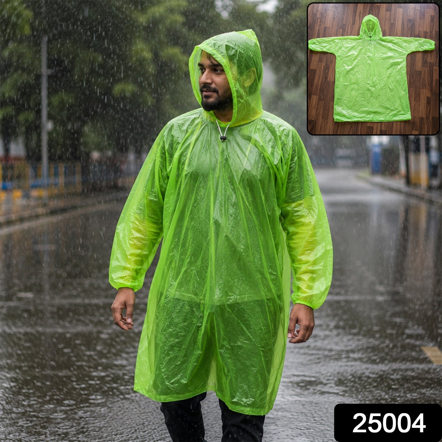 Wukusy waterproof raincoat hooded long rain poncho for men and women, showing the rain-resistant fabric and adjustable hood.