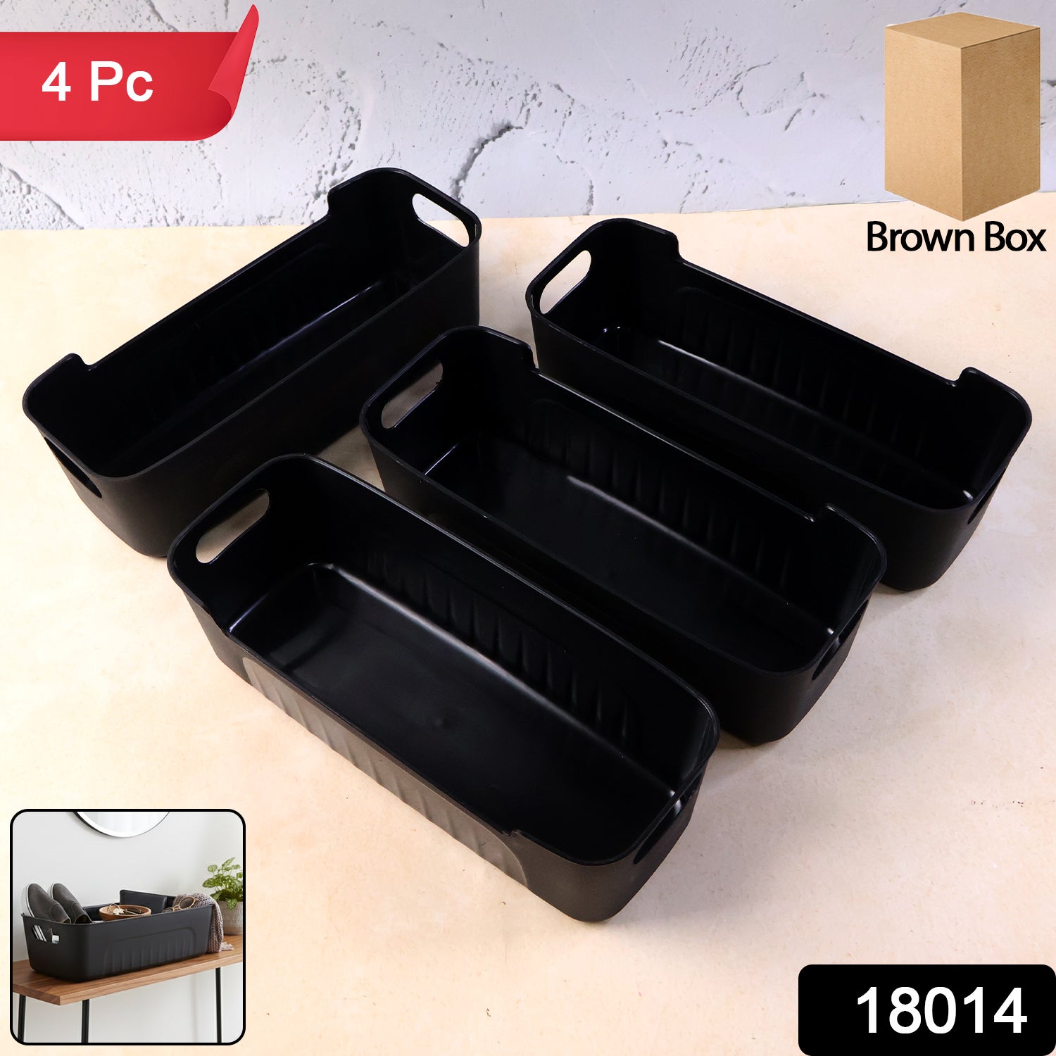 Set of four black plastic storage baskets by Wukusy, rectangular trays for organization and home improvement.