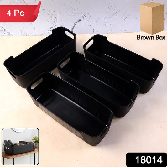 Set of four black plastic storage baskets by Wukusy, rectangular trays for organization and home improvement.