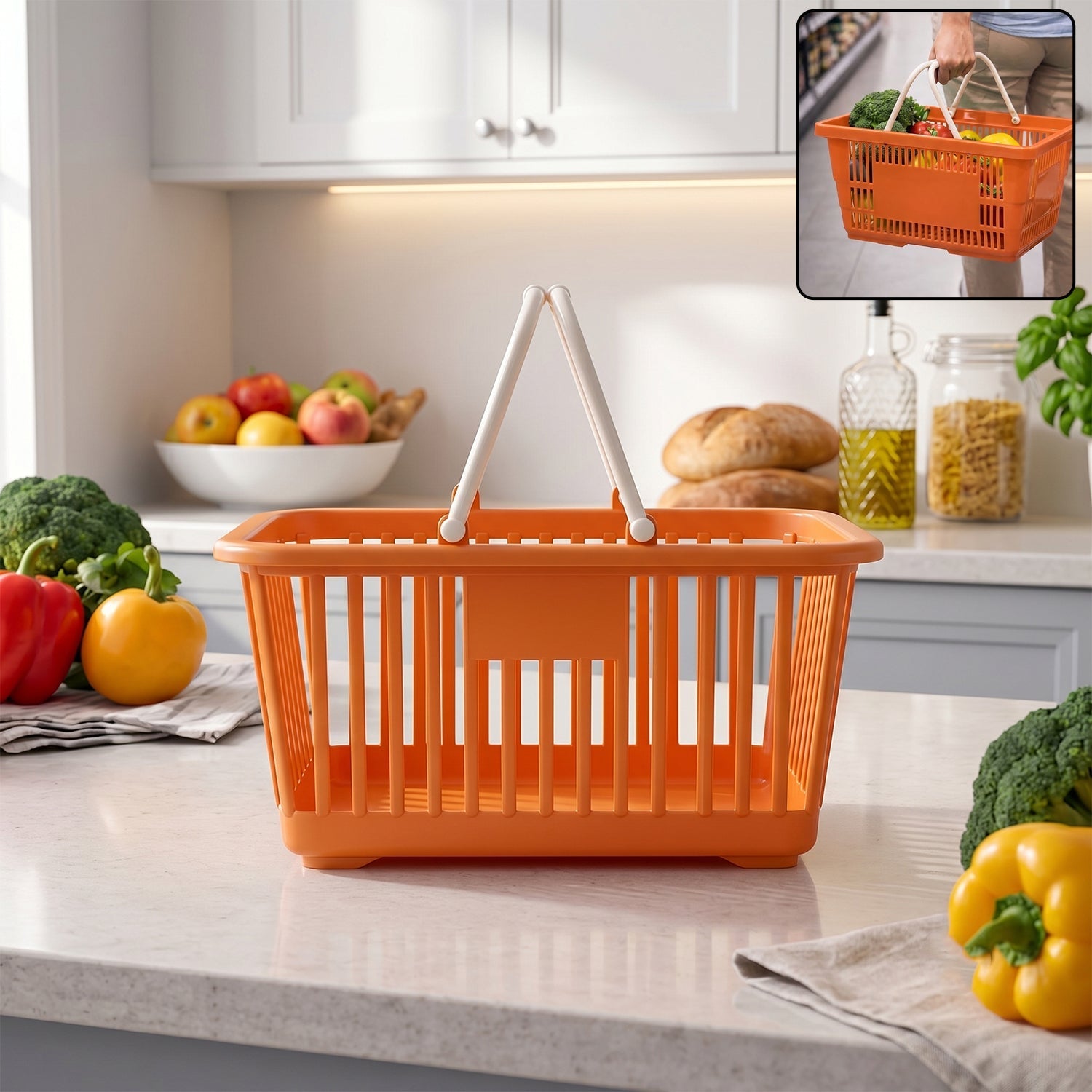 Wukusy plastic storage basket with foldable handles for fruits, vegetables, and groceries, showing a sturdy, lightweight design.