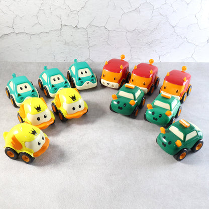 Colorful Wukusy cartoon pull-back toy car set featuring 12 small toy cars for kids, with bright designs and fun characters.