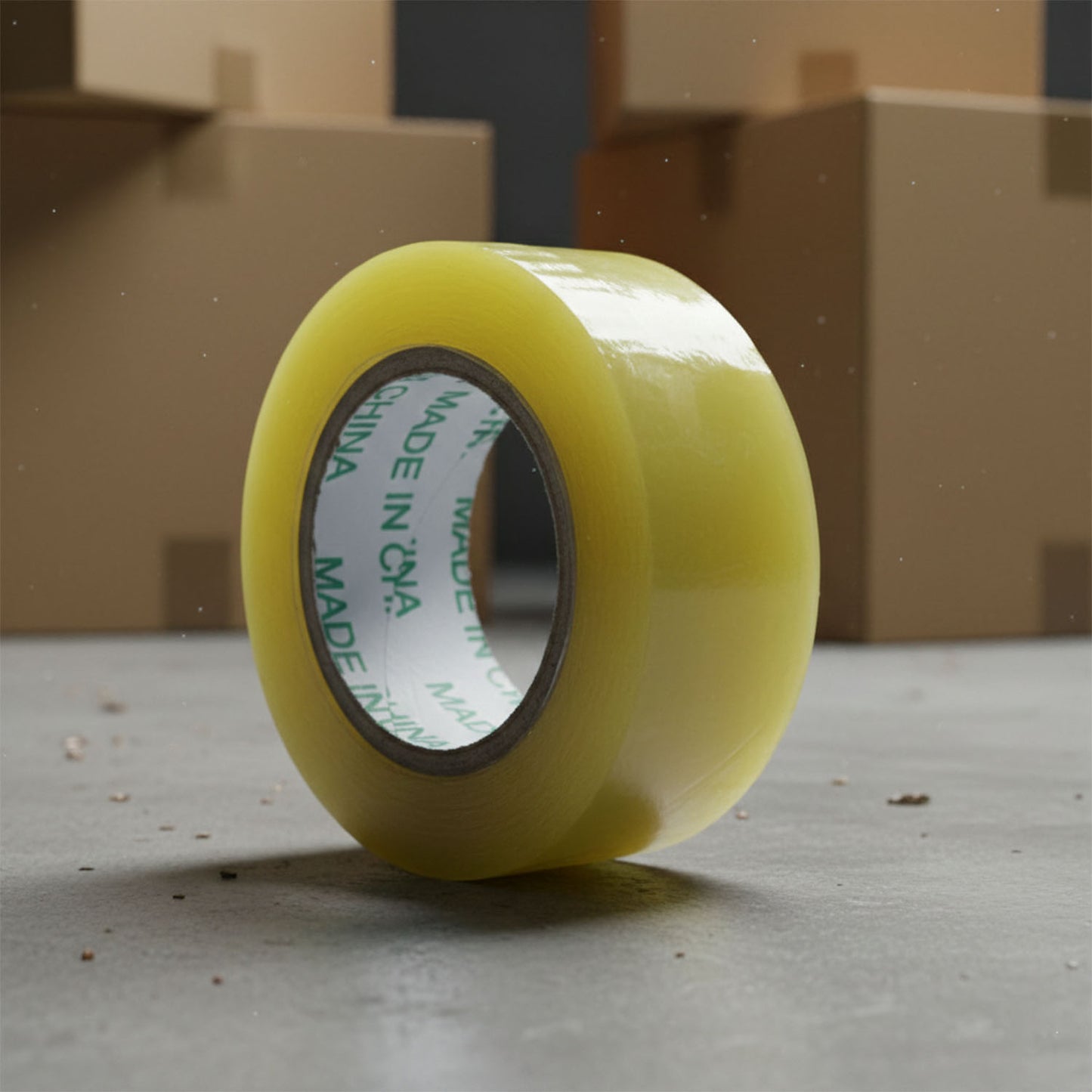 Clear packaging adhesive tape roll by Wukusy, 125 x 45 mm, shown unrolled with adhesive surface visible on transparent tape.