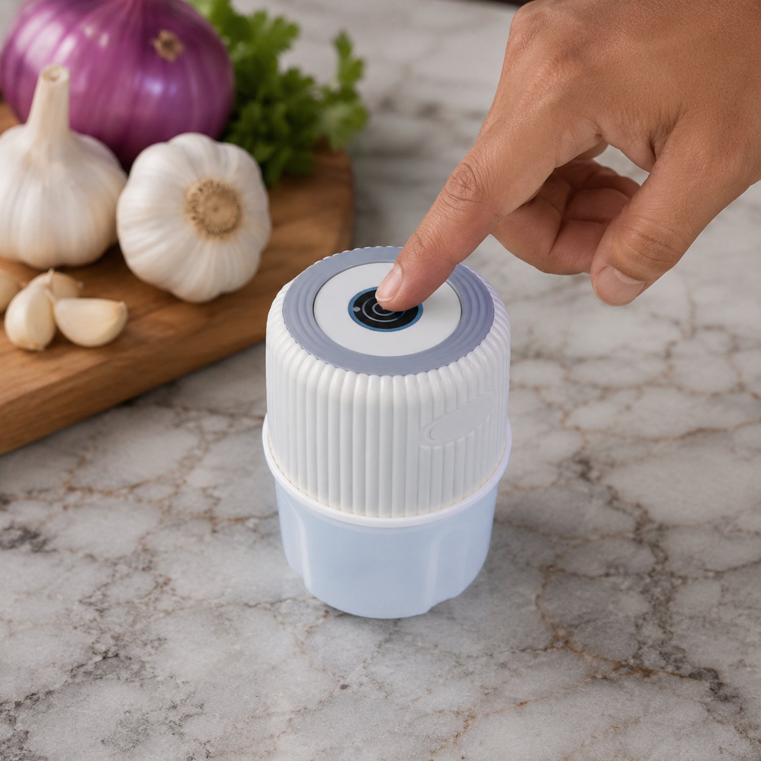 Wukusy USB rechargeable mini garlic chopper crusher with 300ml capacity, compact design, and stainless steel blades for efficient chopping.