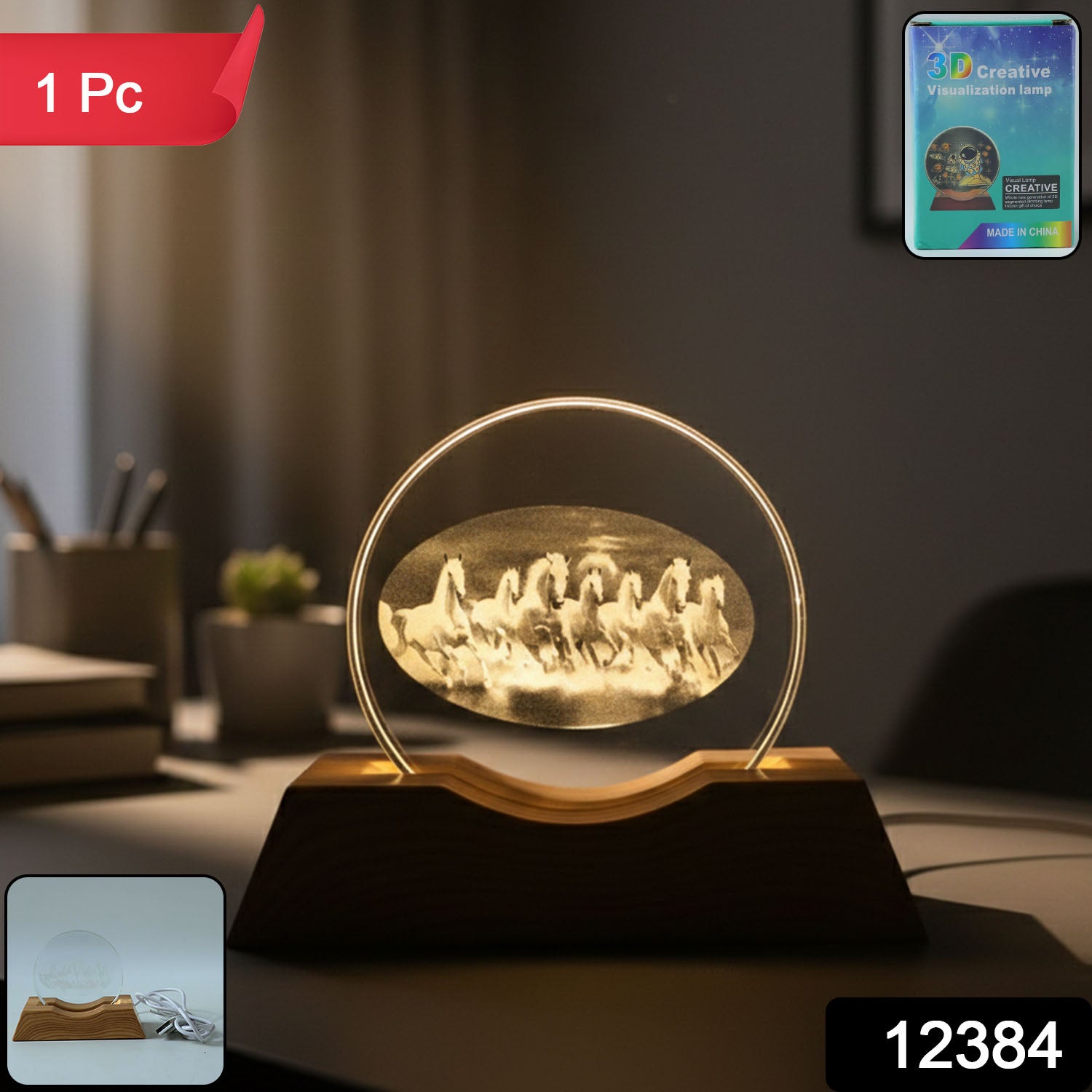 Wukusy 3D Crystal LED table lamp with intricate geometric design, illuminated to showcase its vibrant, colorful lighting effect.
