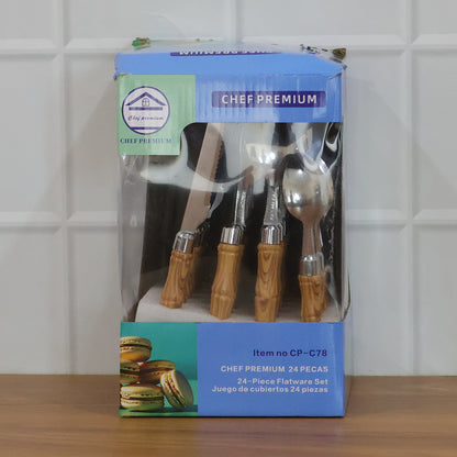 Wukusy stainless steel cutlery set with wooden finish handles, 24-piece set including forks, knives, spoons, and serving utensils