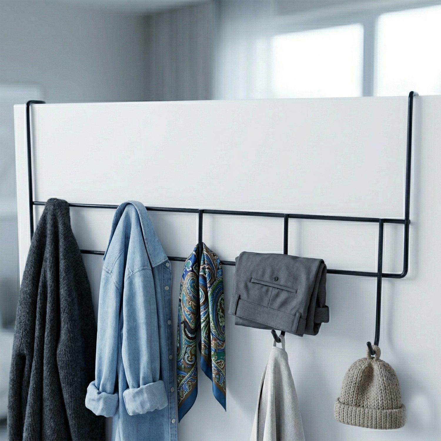Wukusy premium over-the-door metal hook rack with five hooks for hanging coats, bags, and accessories.