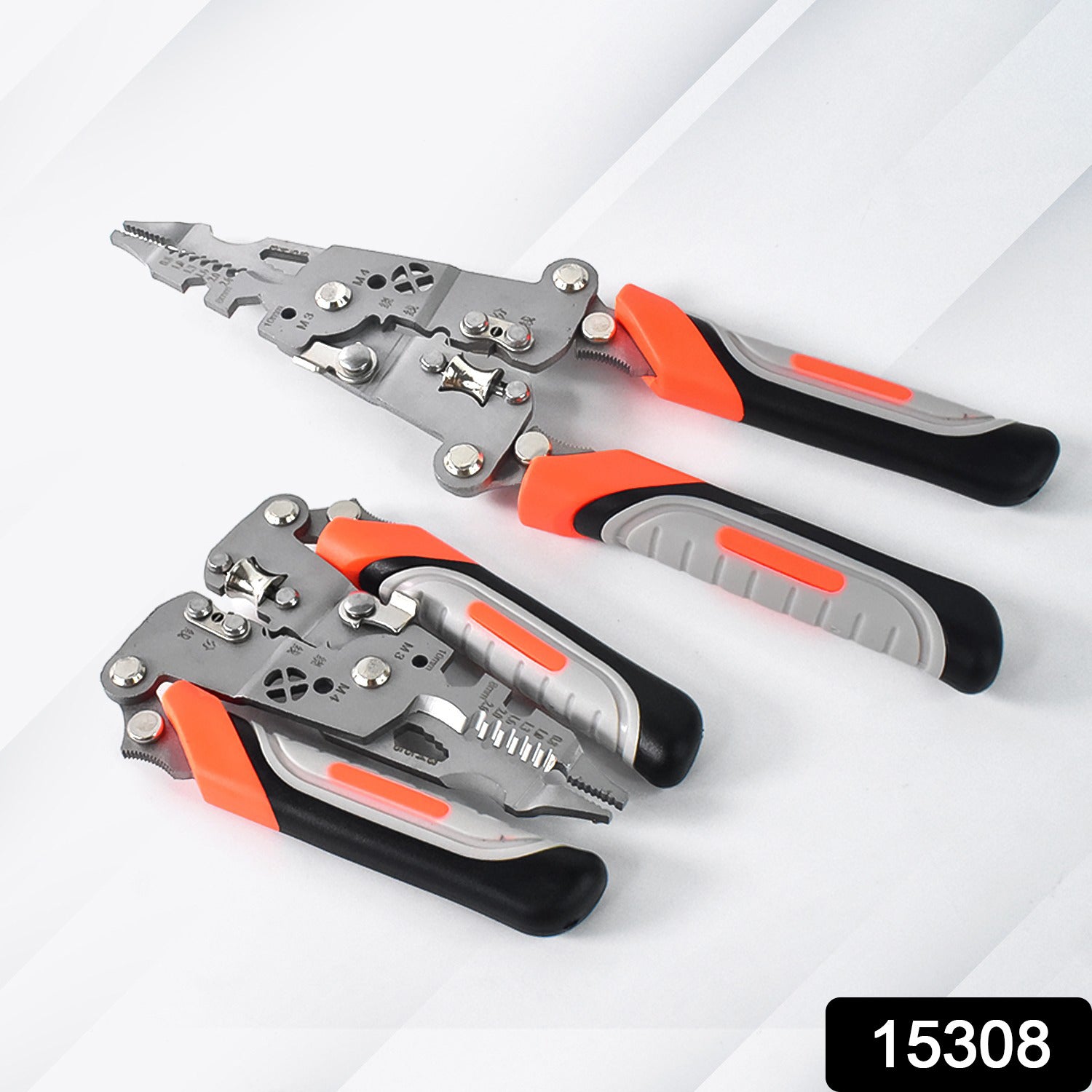Wukusy 8-in-1 wire stripper pliers with soft grip handles, featuring multiple tools for stripping, cutting, and crimping electrical wires.