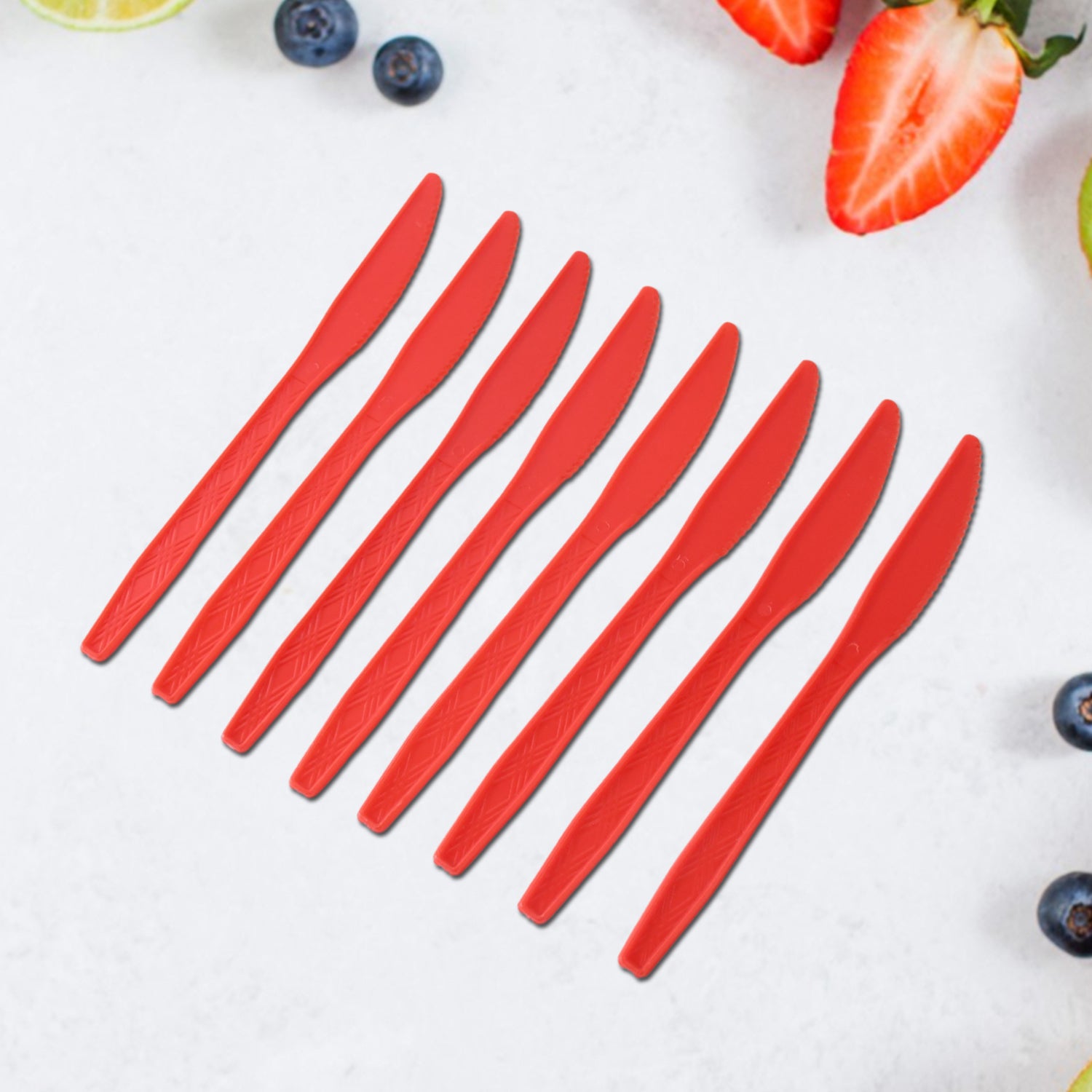 Set of 8 durable plastic kitchen knives by Wukusy, featuring colorful handles and sharp blades for versatile cooking tasks.