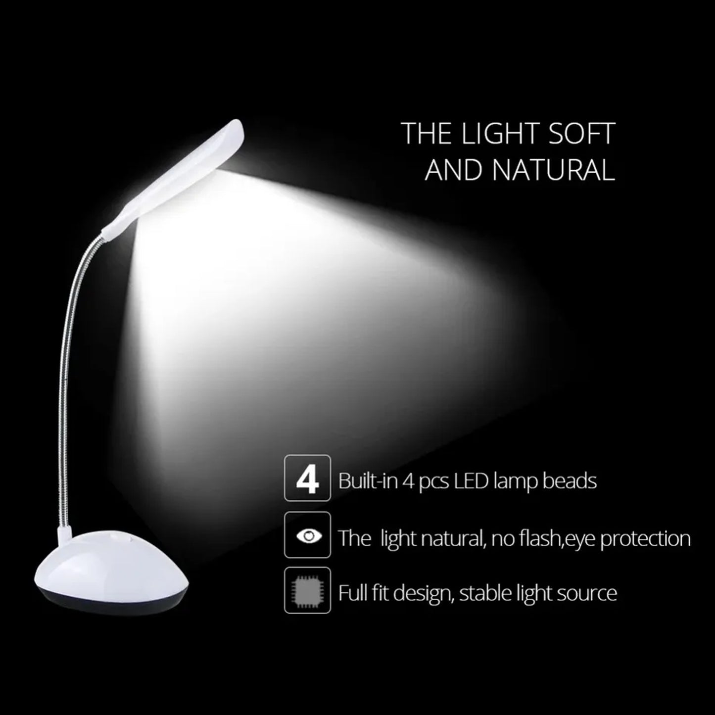 Wukusy portable LED desk lamp with flexible neck, button control, eye-caring light, ideal for reading and relaxation.