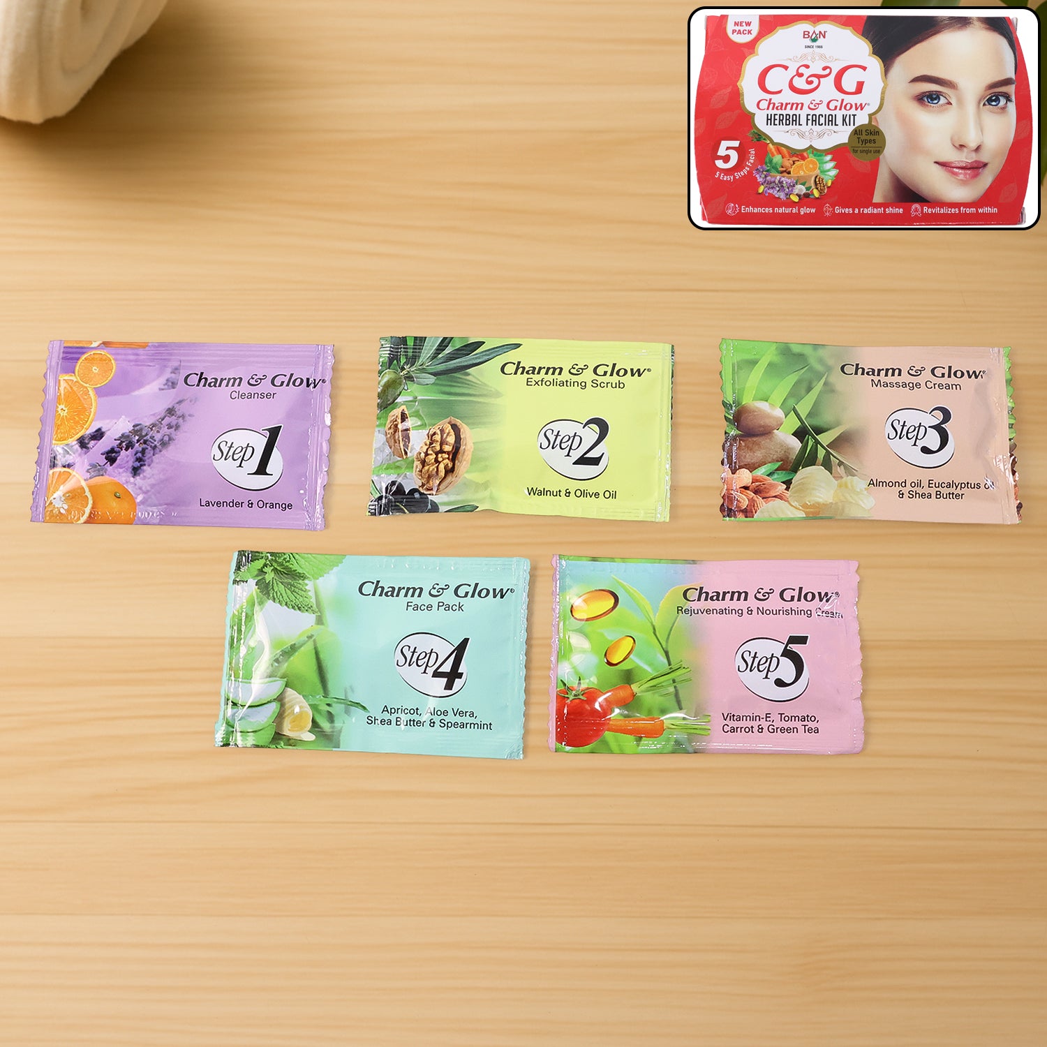 Wukusy Charm Glow 5-step herbal facial kit with skincare products in a box, suitable for natural facial treatments.