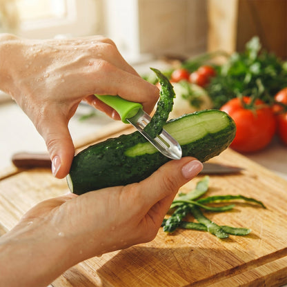 Wukusy premium stainless steel kitchen knife and peeler set with three tools, featuring sharp blades and ergonomic handles.
