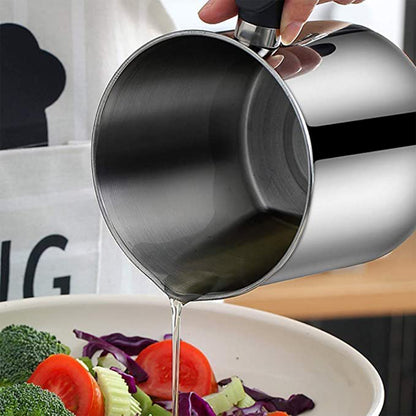 Wukusy stainless steel oil strainer pot with lid and filter mesh for filtering cooking oil, shiny metal finish, compact design.