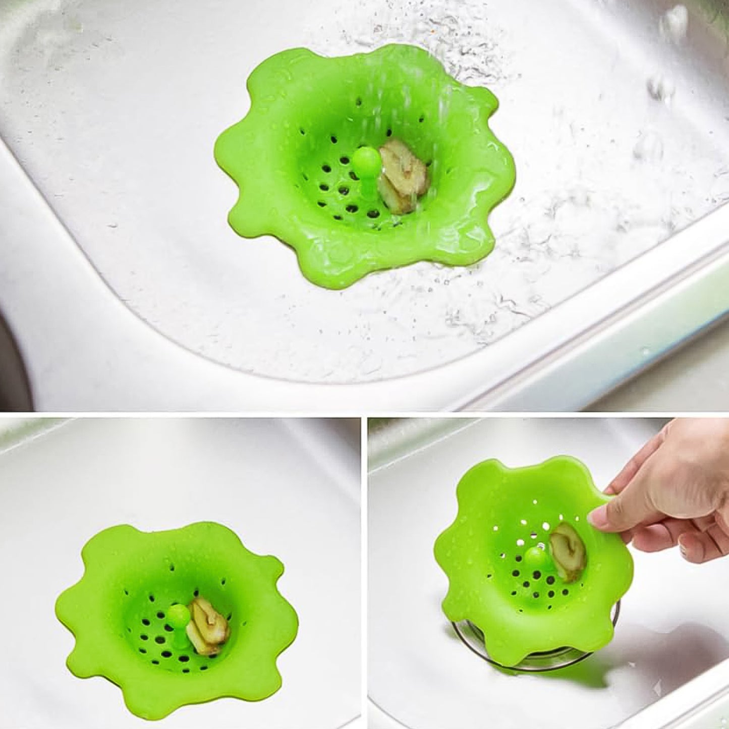 Flexible silicone sink strainer by Wukusy with drain hair catcher, designed to fit in kitchen or bathroom sinks and trap debris.