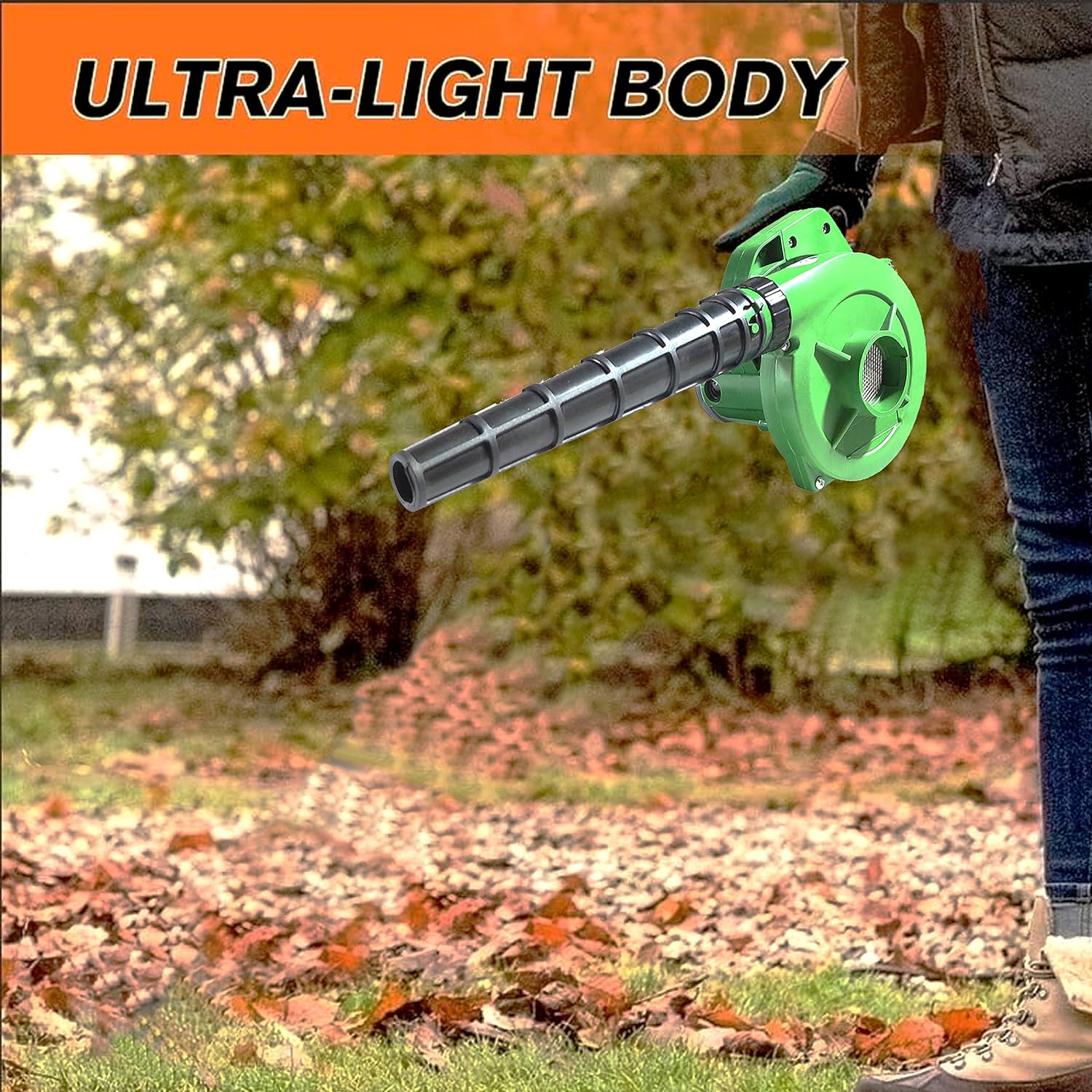 Wukusy 650V portable electric air blower with green 350W design, used for home, office, car, garden, and garage cleaning.