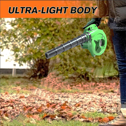 Wukusy 650V portable electric air blower with green 350W design, used for home, office, car, garden, and garage cleaning.