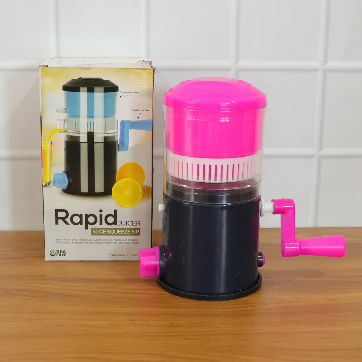 Wukusy Rapid Manual Hand Press Juicer set with stainless steel and plastic components for fresh fruit juice extraction.