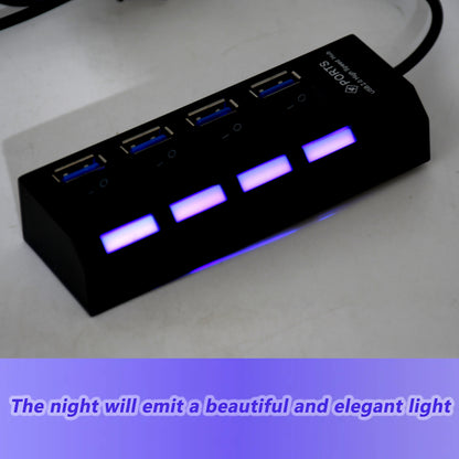 Wukusy 4-port USB 2.0 hub splitter with on/off switch and LED indicators, compatible with tablets, laptops, and notebooks.