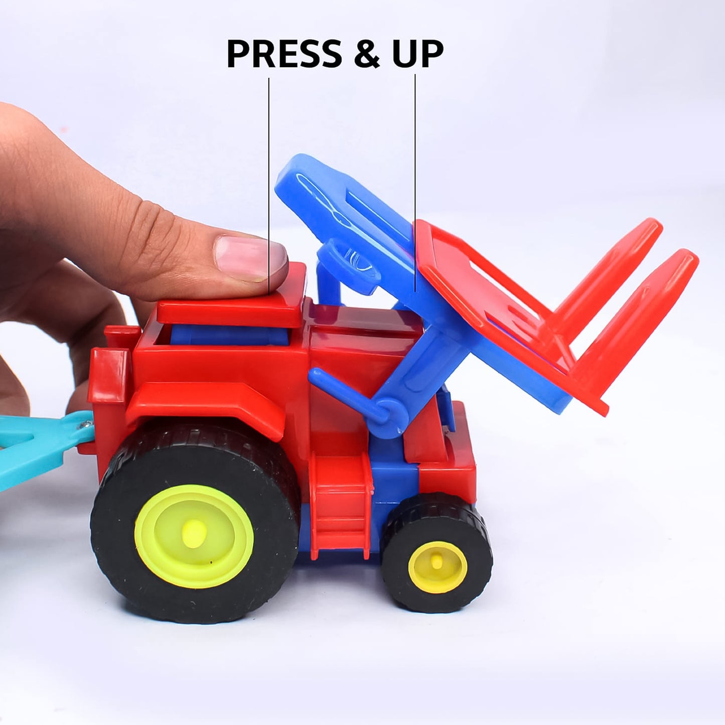 Wukusy plastic friction-powered tractor toy with bricks trolley, colorful toy vehicle for children, detailed and sturdy design.