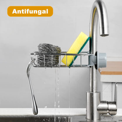 Stainless steel soap sponge holder and sink caddy organizer by Wukusy, designed for kitchen sink storage.