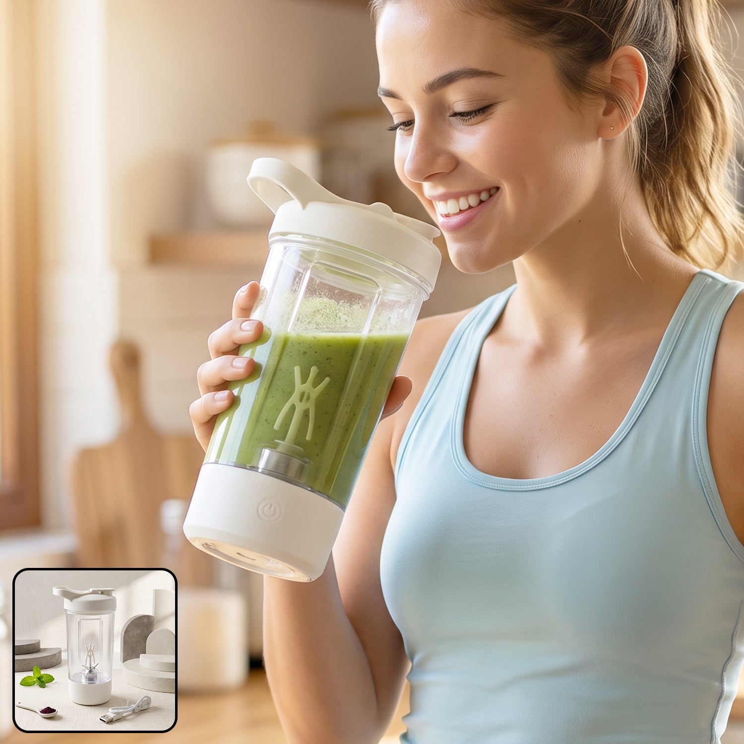 Wukusy 400ml USB rechargeable electric self-stirring protein shaker bottle with mixing lid and clear body for smooth drinks