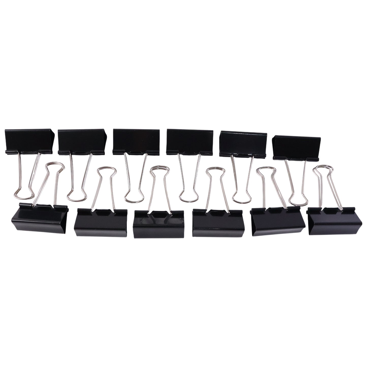 Set of 12 heavy duty black metal binder clips, 25 mm size, by Wukusy, shown with clips open and closed for organizing papers.
