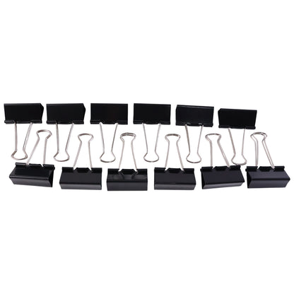 Set of 12 heavy duty black metal binder clips, 25 mm size, by Wukusy, shown with clips open and closed for organizing papers.