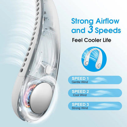 White portable rechargeable neck fan by Wukusy with adjustable straps, seen from the front resting on a table.