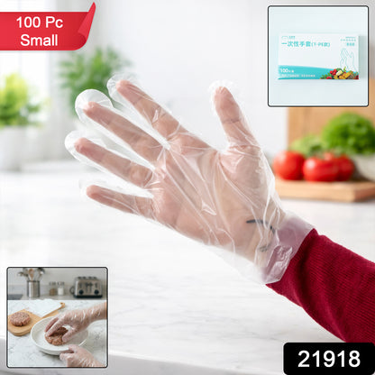 Pair of small disposable plastic hand gloves by Wukusy, 100 pcs, showing clear, lightweight gloves suitable for hygiene and protection