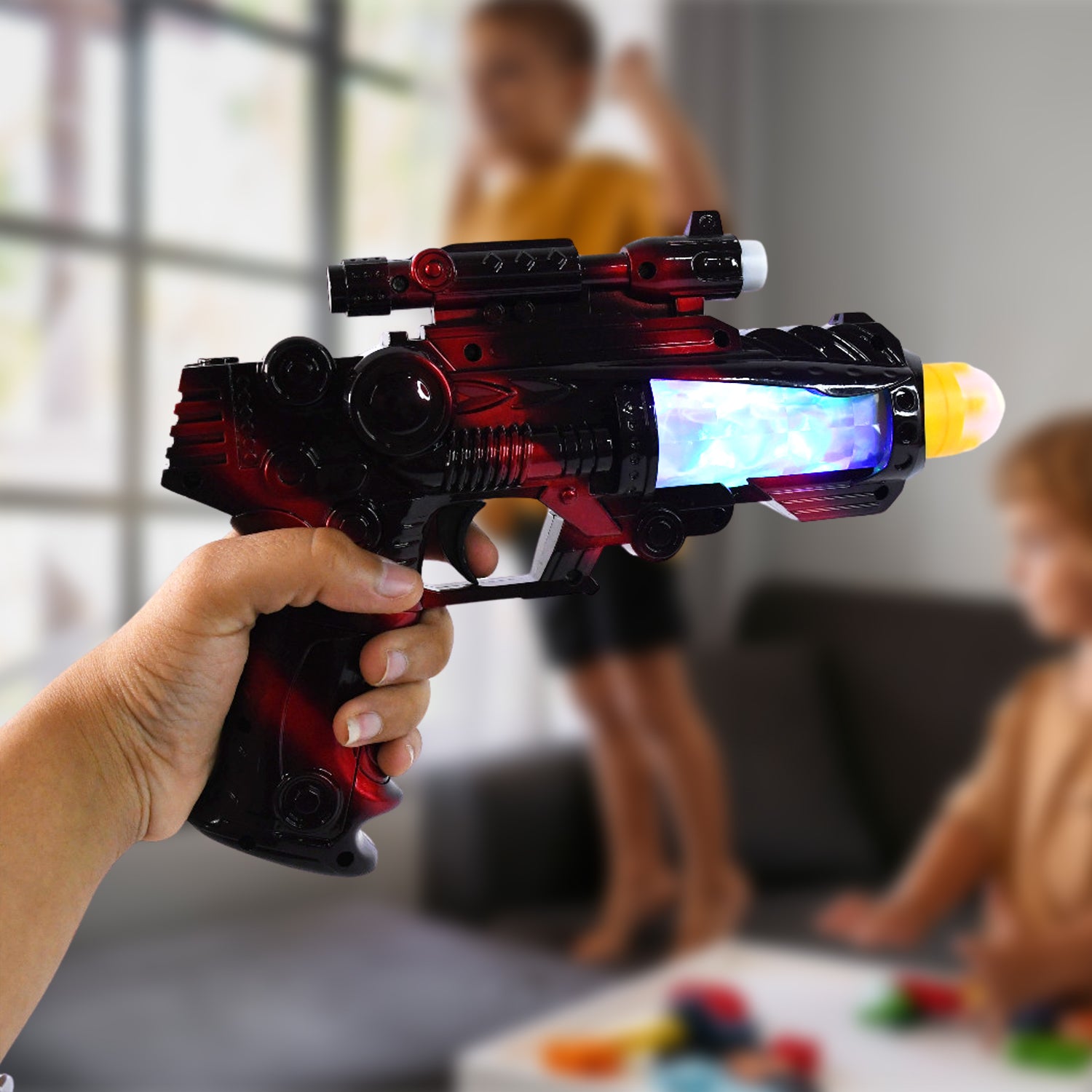 Wukusy Ttg LED flashing sound laser toy gun with lights and music, battery-operated space-themed toy for kids.