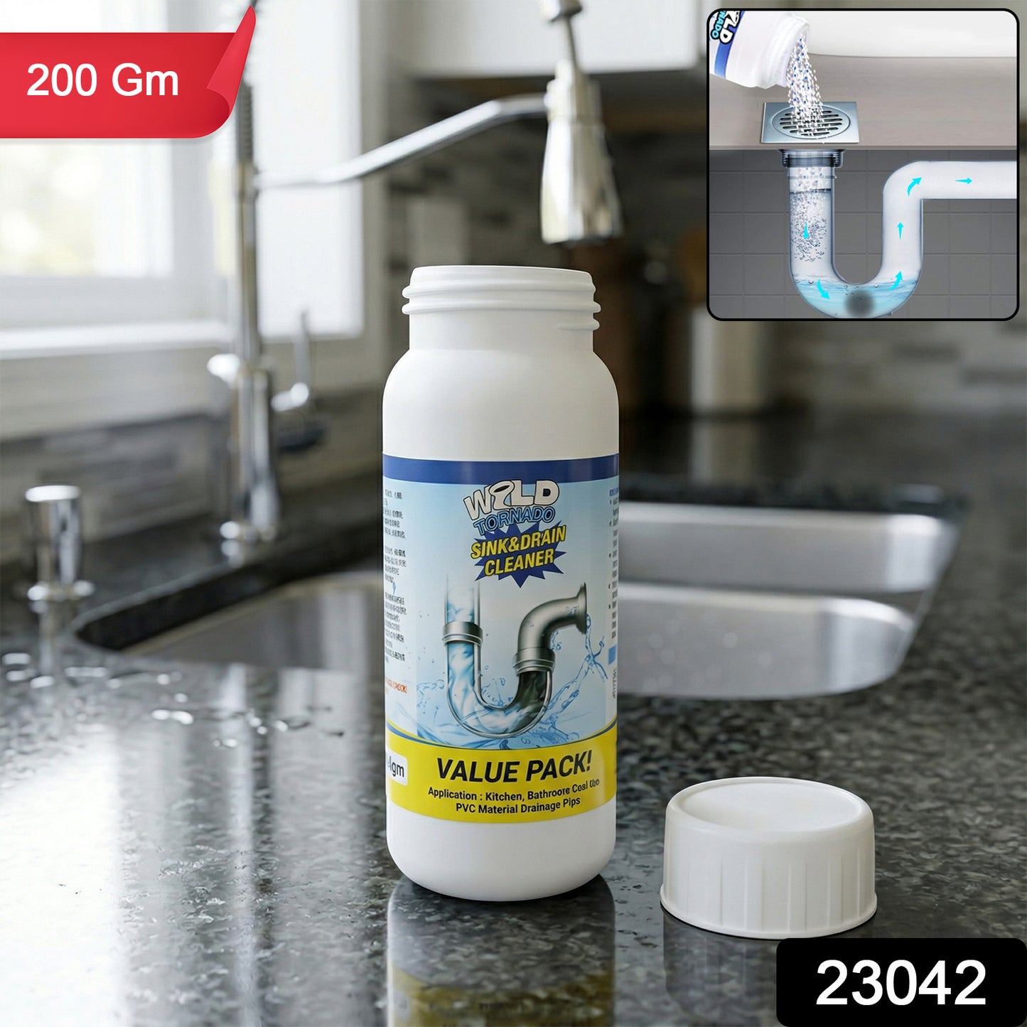 Wukusy sink and drain cleaner powder in a 200g package, designed to clear clogs and eliminate odors in kitchen or bathroom drains.