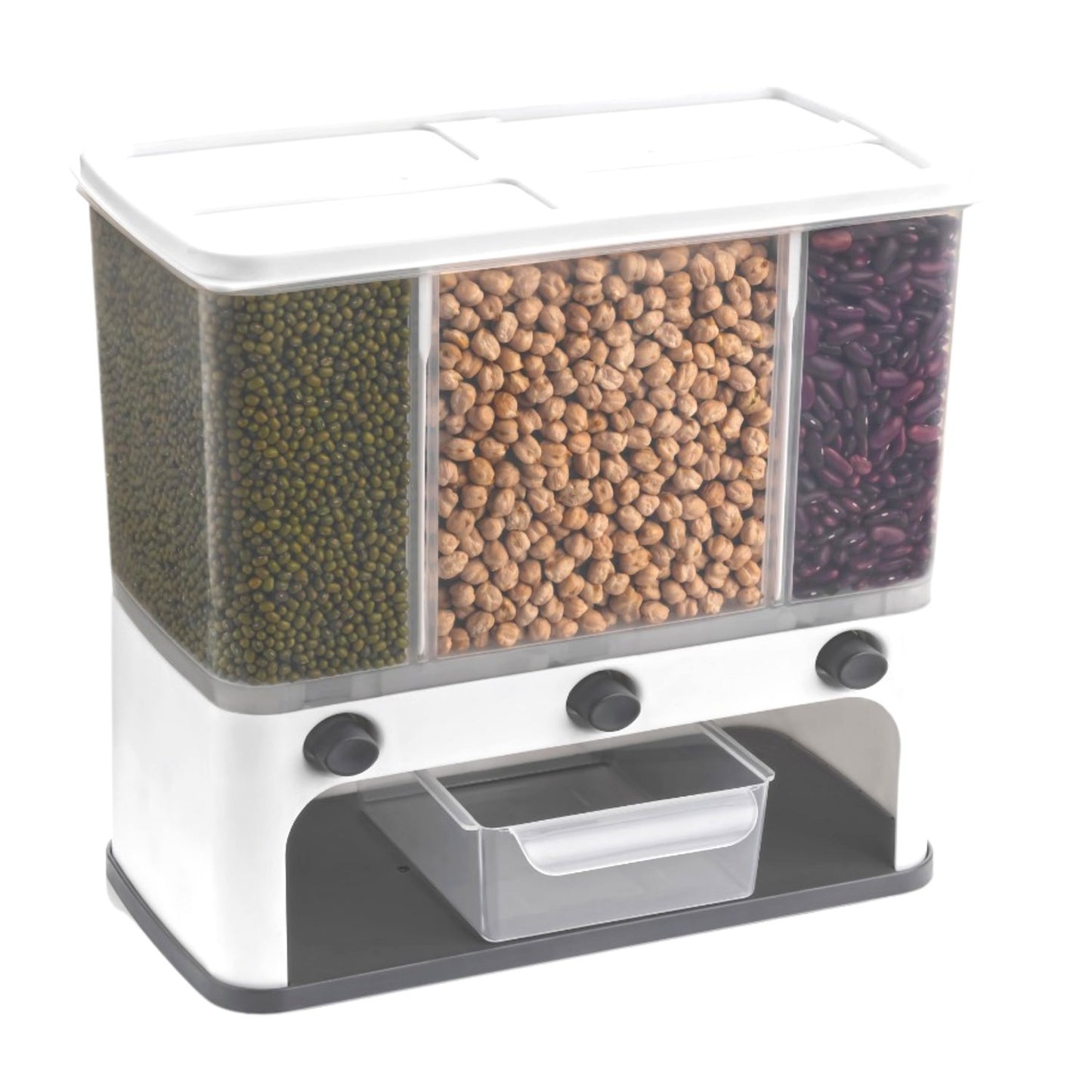 Wukusy 2550 Easy Flow cereal dispenser, wall-mounted kitchen tool with push button and 3-in-1 container for breakfast cereals.