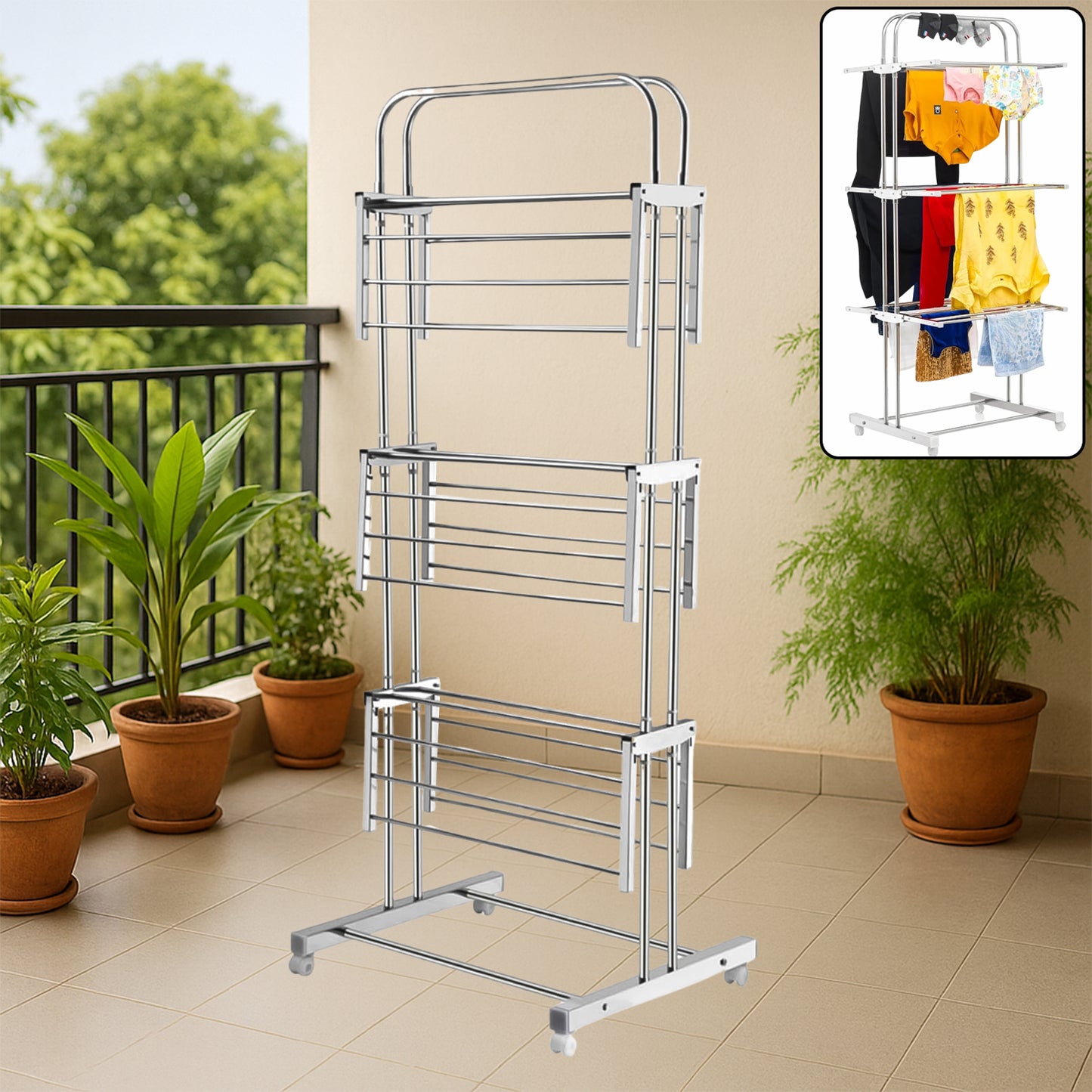 Wukusy 3-layer foldable stainless steel cloth drying stand with wheels, featuring multiple drying bars and a sturdy frame.