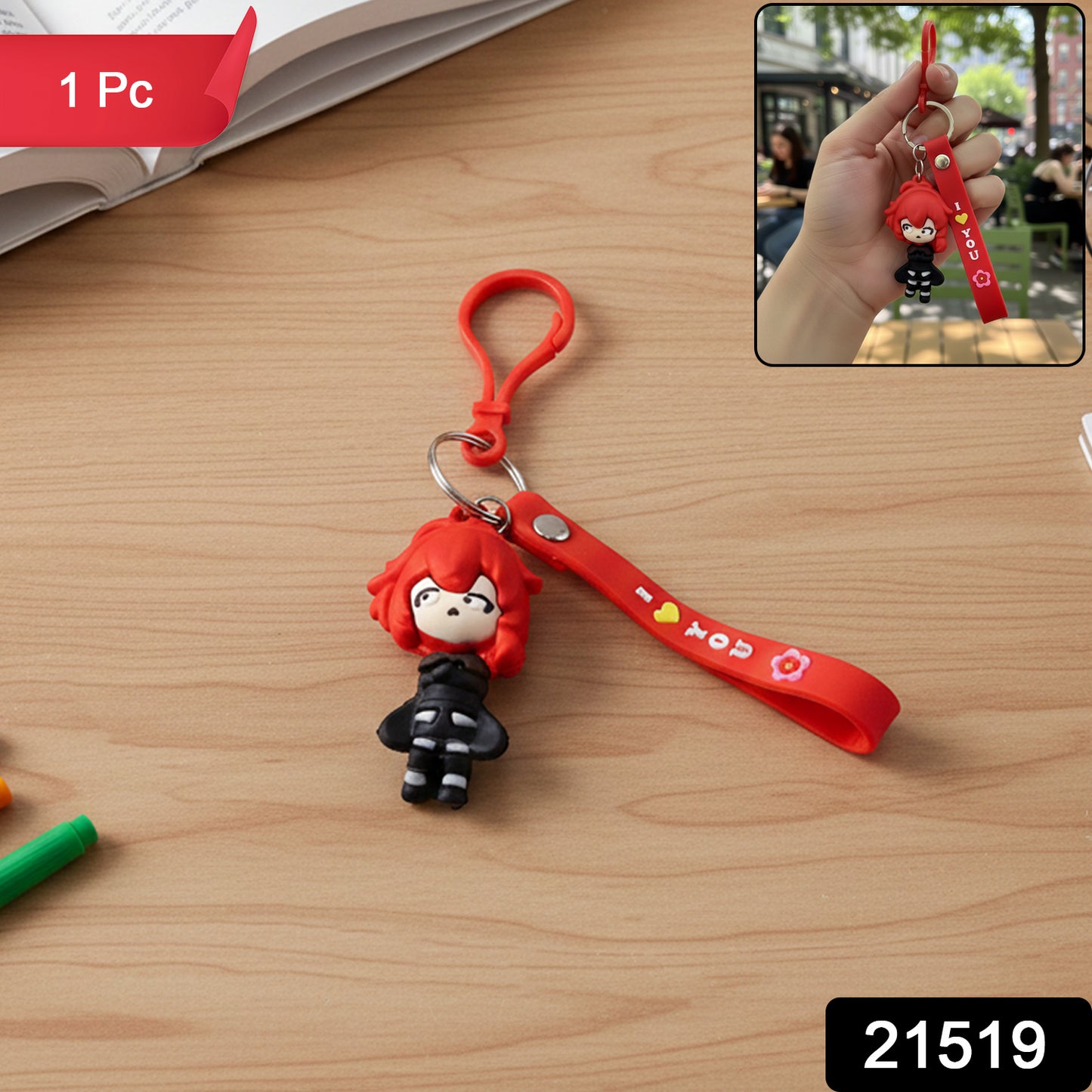 Red-haired cartoon girl silicone keychain from Wukusy featuring a cute, colorful character design on a keychain.