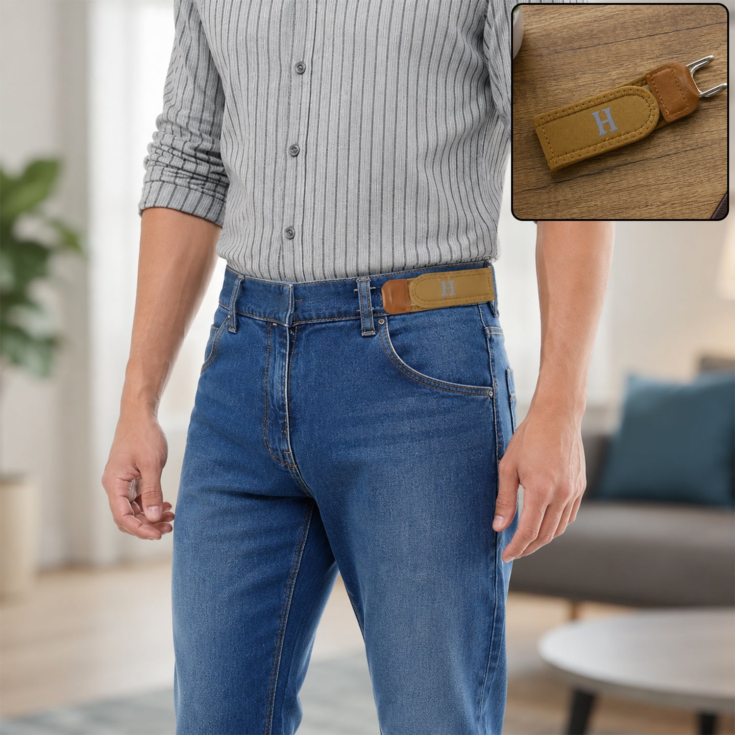 Wukusy buckle-less elastic stretch waist belt showing a seamless, no-bulge fit for comfortable, casual wear