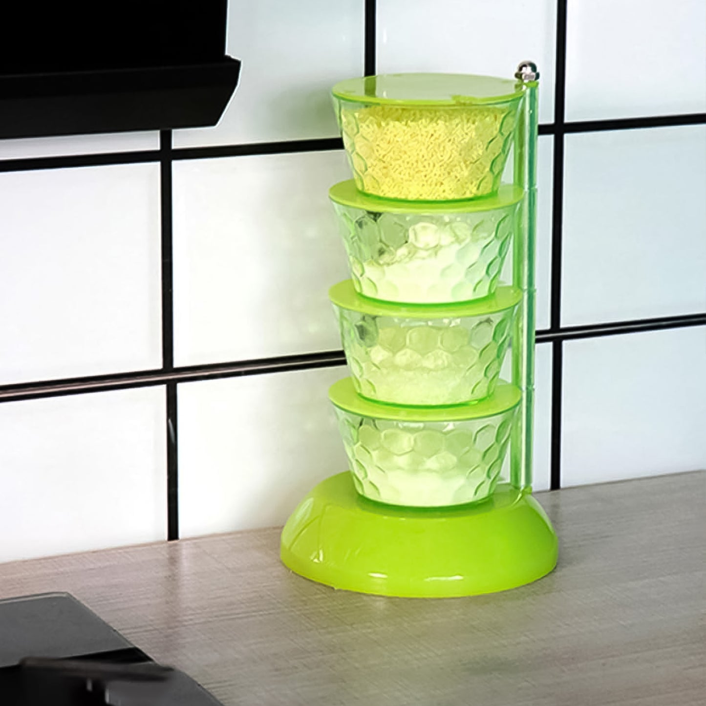 Wukusy 4-section vertical rotating spice rack with plastic pickle tower, four layers, and four spoons for seasoning storage.