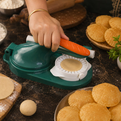 Wukusy Mini Puri Press Dumpling Machine for Gujiya and Momos, compact dough pressing tool, shown in use with dough.