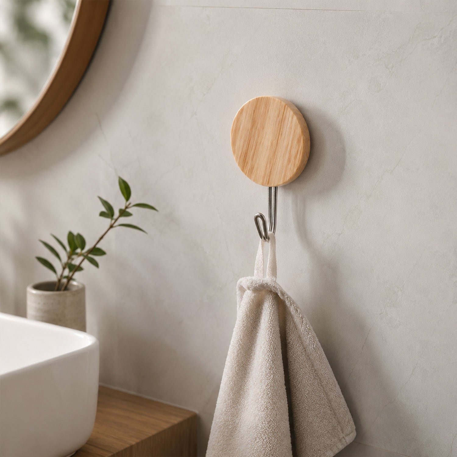 Set of 18 Wukusy self-adhesive wall hooks with a wooden look, strong sticky hangers, no drill required, suitable for various surfaces.