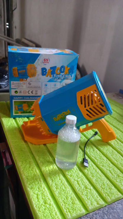 Wukusy 69 Holes rechargeable bubble gun toy for kids and adults, featuring a big rocket design and powerful bubble-blowing capabilities.